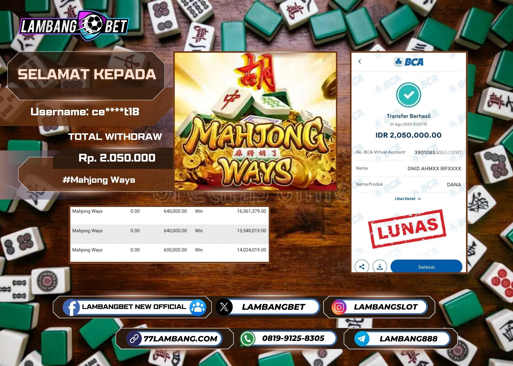 LAMBANGBET [1 AUGUST 2025] JACKPOT SLOT Mahjong Ways "Rp2.050.000" LUNAS